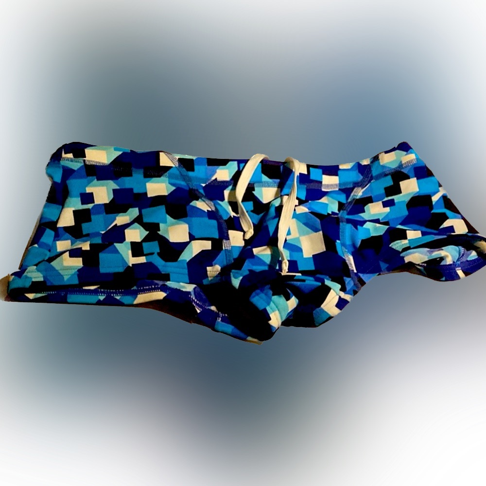Funky Trunks Mens Swim Trunks Size 32  Blue Geometric Camo Print Training Briefs